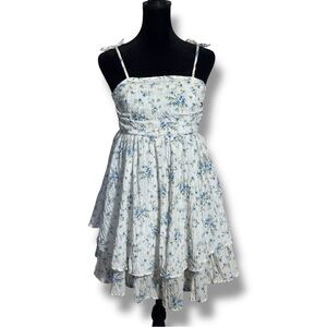 Unbranded White and Blue Floral Layered Tie Straps Empire Waist Babydoll Dress